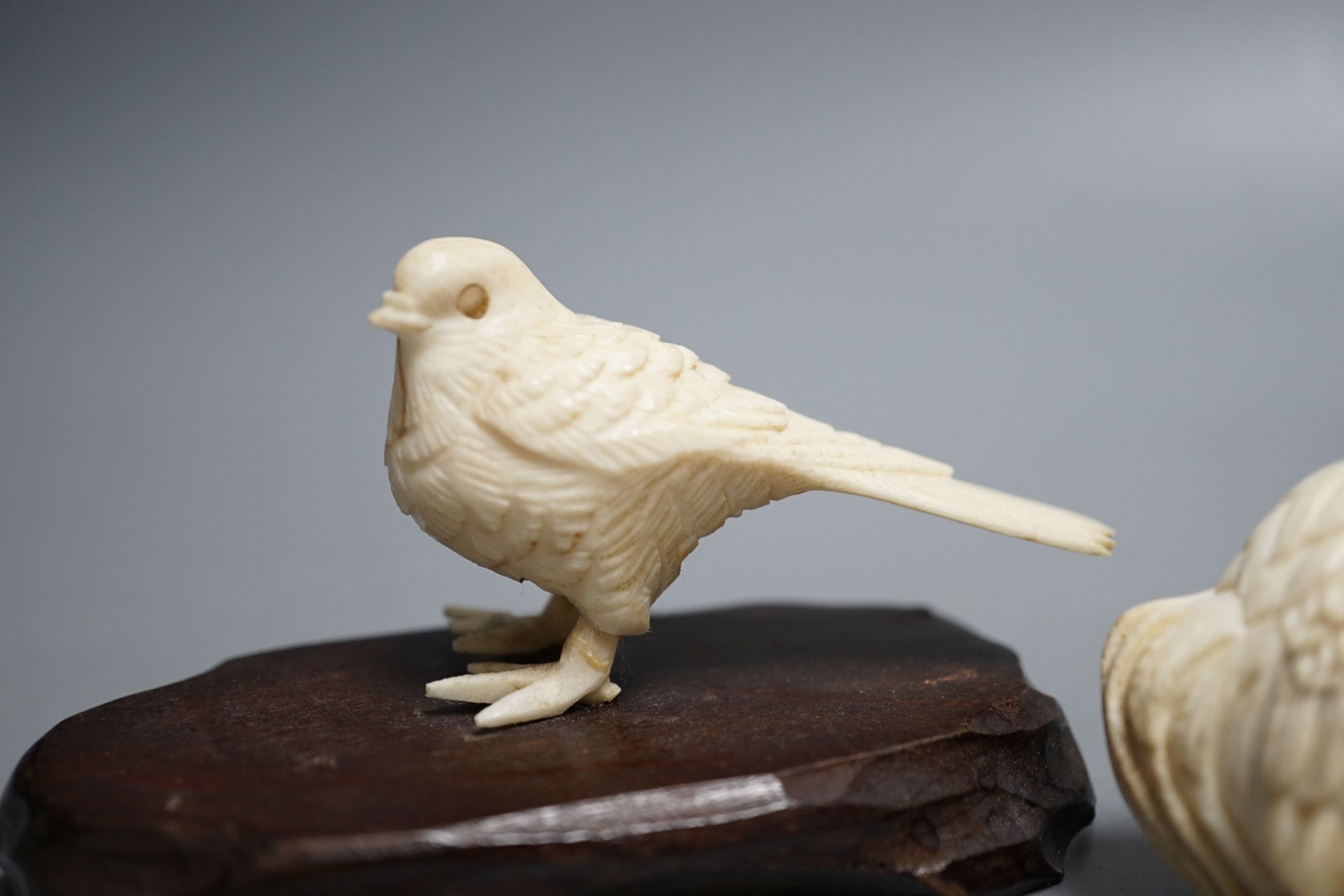 A Japanese Meiji period ivory bird with mother of pearl eyes, a Japanese group of three chickens and Japanese copulating chickens